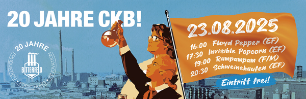 Flyer für das Konzert am 23.08.2025 zum 20. Geburtstag des CKB in Erfurt. Neben Schweinehaufen spielen noch Rampampam, Invisible Popcorn und Floyd Pepper.