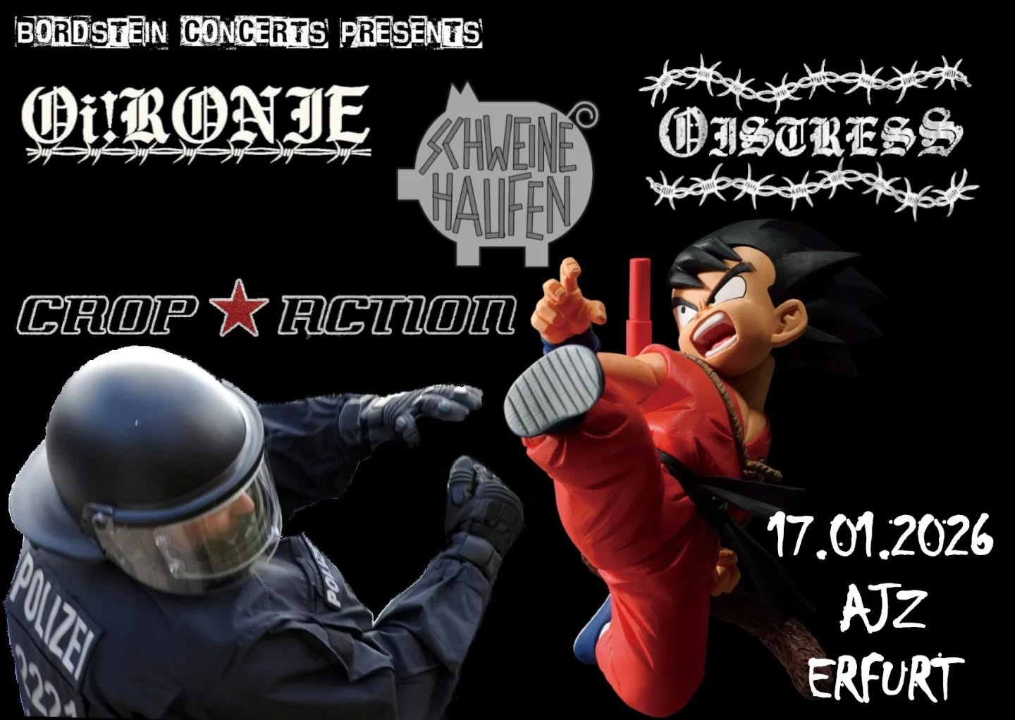 Flyer für das Konzert am 17.01.2026 im AJZ Erfurt. Wir spielen gemeinsam mit Crop Action, Oi!ronie und OiStress.